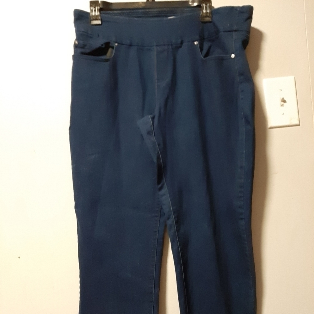 TIME and tru blue jean jeggings.  Size larger (12-14)
